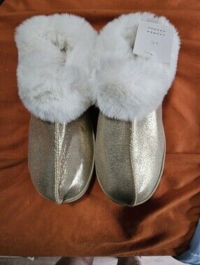 LC Lauren Conrad Metallic Gold Slip-On Slippers with White Faux Fur